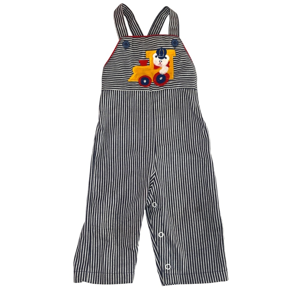 Vintage Health-tex Kids Hickory Stripe Train Bear Overalls Blue White 9 Months